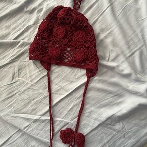 Hand-Crocheted Burgundy Floral Beanie with Ties